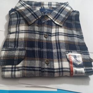 George Men's Button Down Blue Tan & Black Plaid Flannel Double Pocket Shirt-SZ:M